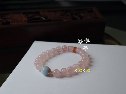 KOKO Natural Rose Quartz and Aquamarine bead bracelet -Healing Gemstone Jewelry, Handmade