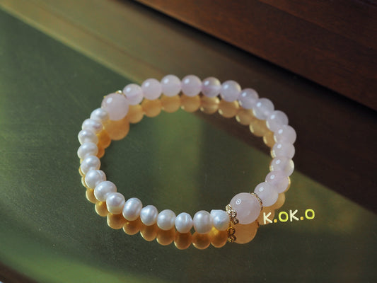 KOKO Natural Rose Quartz and Pearls bead bracelet -Healing Gemstone Jewelry, Handmade