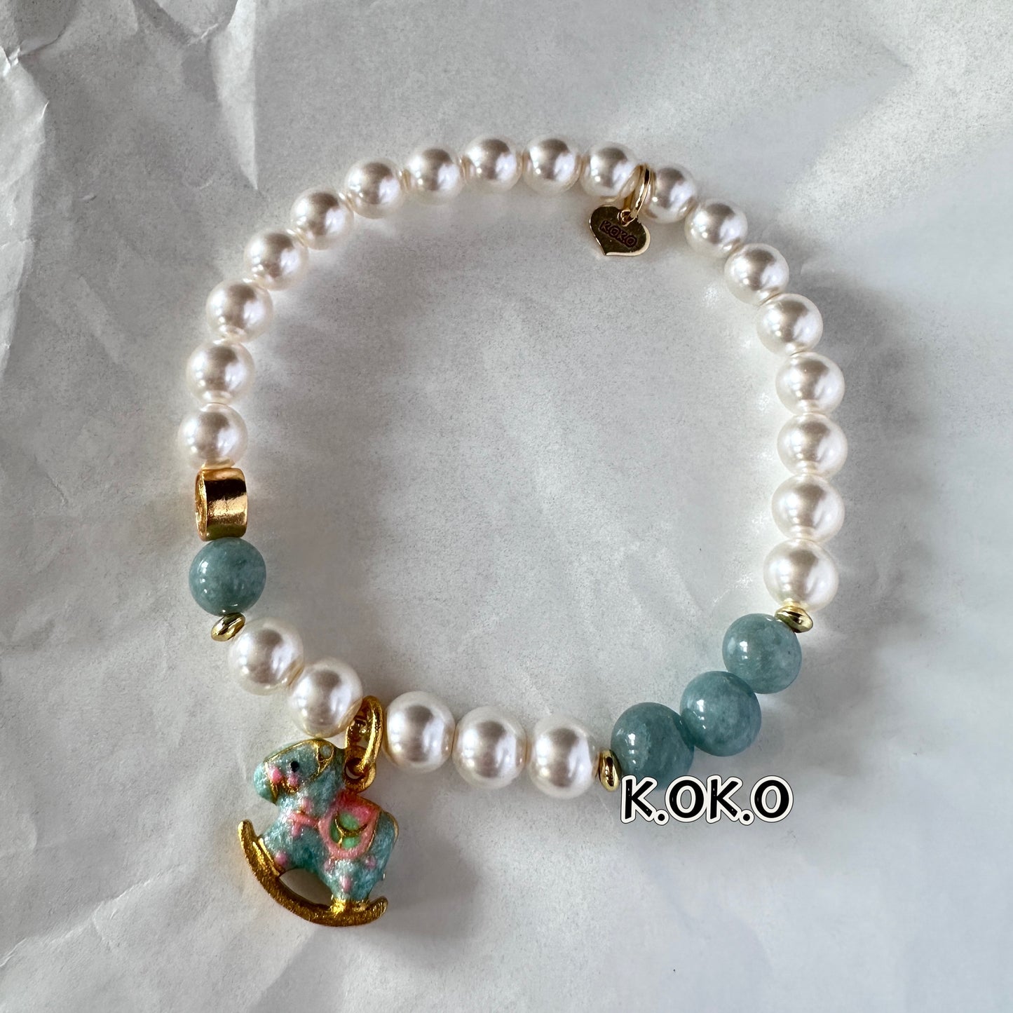 KOKO Vintage Charm Shell Pearl Bracelet with Enamel Rocking Horse