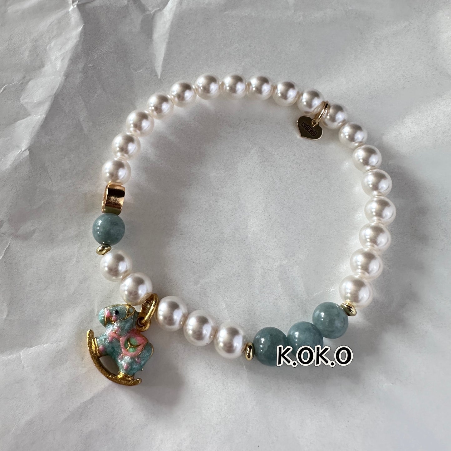 KOKO Vintage Charm Shell Pearl Bracelet with Enamel Rocking Horse