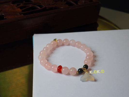 KOKO Natural Rose Quartz and Chalcedony whale bead bracelet -Healing Gemstone Jewelry, Handmade